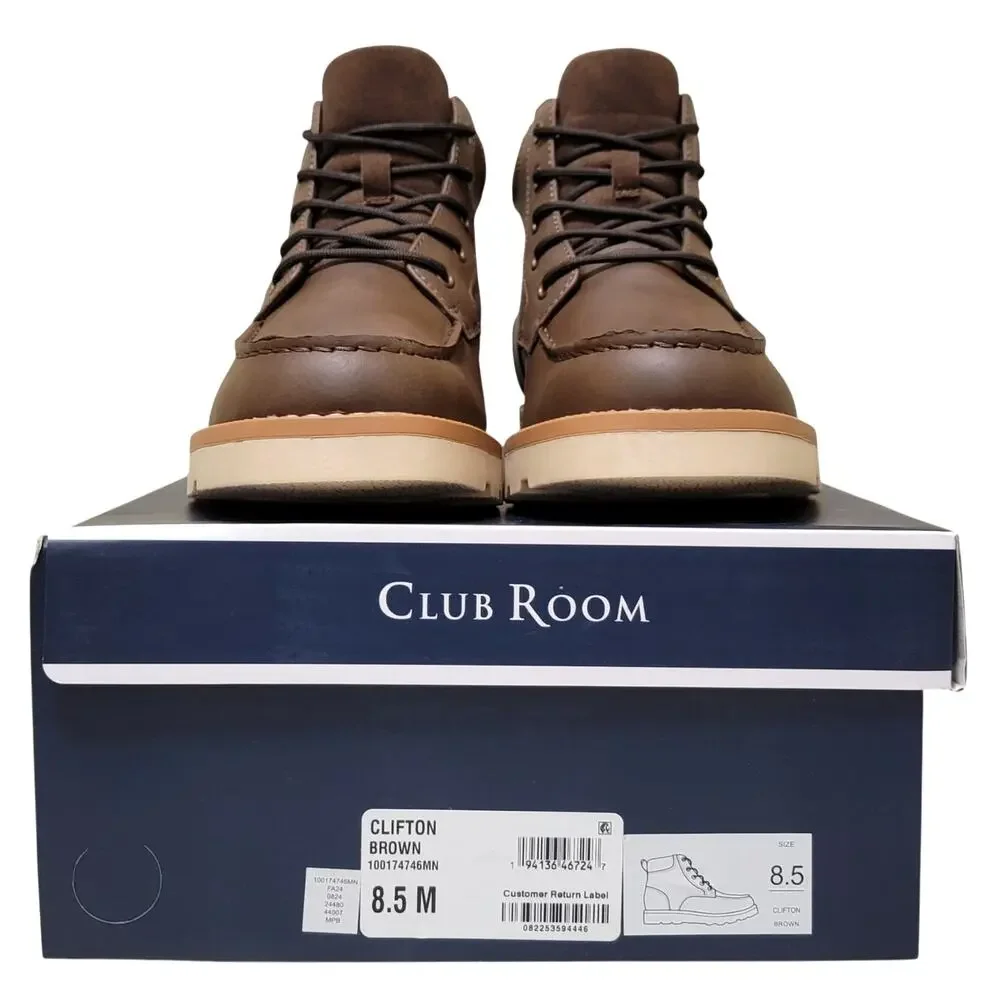 Club Room Men Moc Toe Combat Hiking Boot Clifton Size US 8.5M Brown Faux Leather